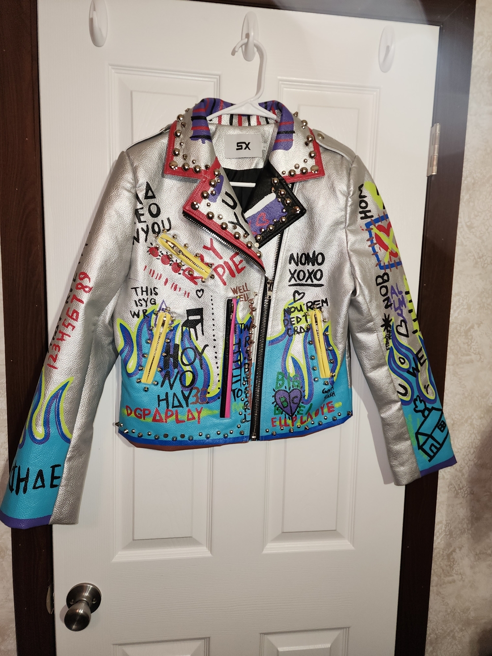 Studded Silver Graffiti Leather Moto Jacket with Blue Accents